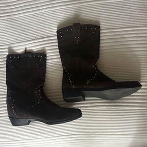 Zara Brown Studded Lace-Up Mid-Calf Boots